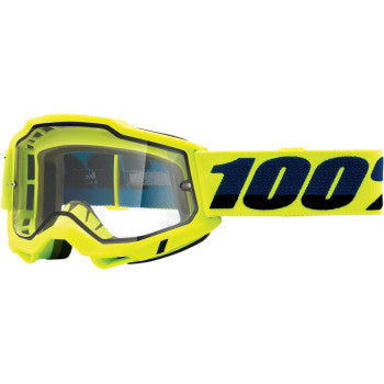 100% Accuri 2 Enduro Goggles - Clear Lens Fluo Yellow - Front View with Side Strap