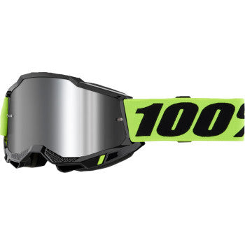 100% Accuri 2 Goggles - Mirror Lens Neon Yellow/Silver Mirror - Front View with Side Strap