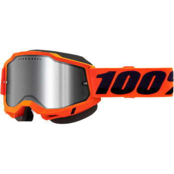 100% Accuri 2 Snow Goggles - Mirror Lens Neon Orange/Silver Mirror - Front View with Side Strap