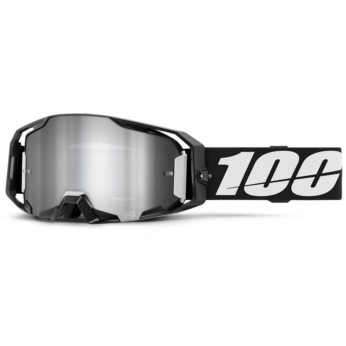 100% ARmatic Goggles - Mirrored Lens Black/Mirror Silver Flash - Front View with Side Strap