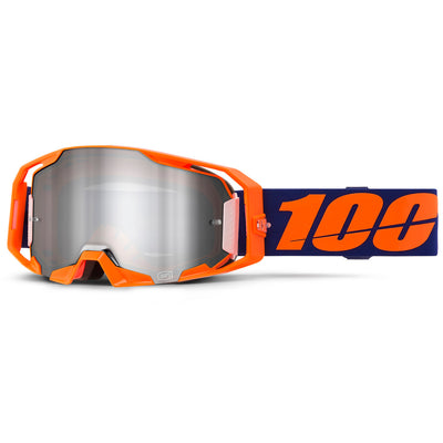 100% ARmatic Goggles - Mirrored Lens Neon Orange/Mirror Silver Flash - Front View with Side Strap