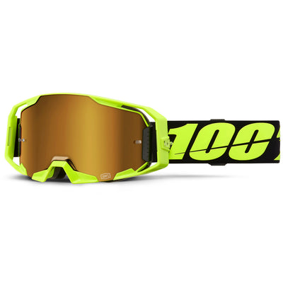 100% ARmatic Goggles - Mirrored Lens Neon Yellow/Mirror True Gold - Front View with Side Strap