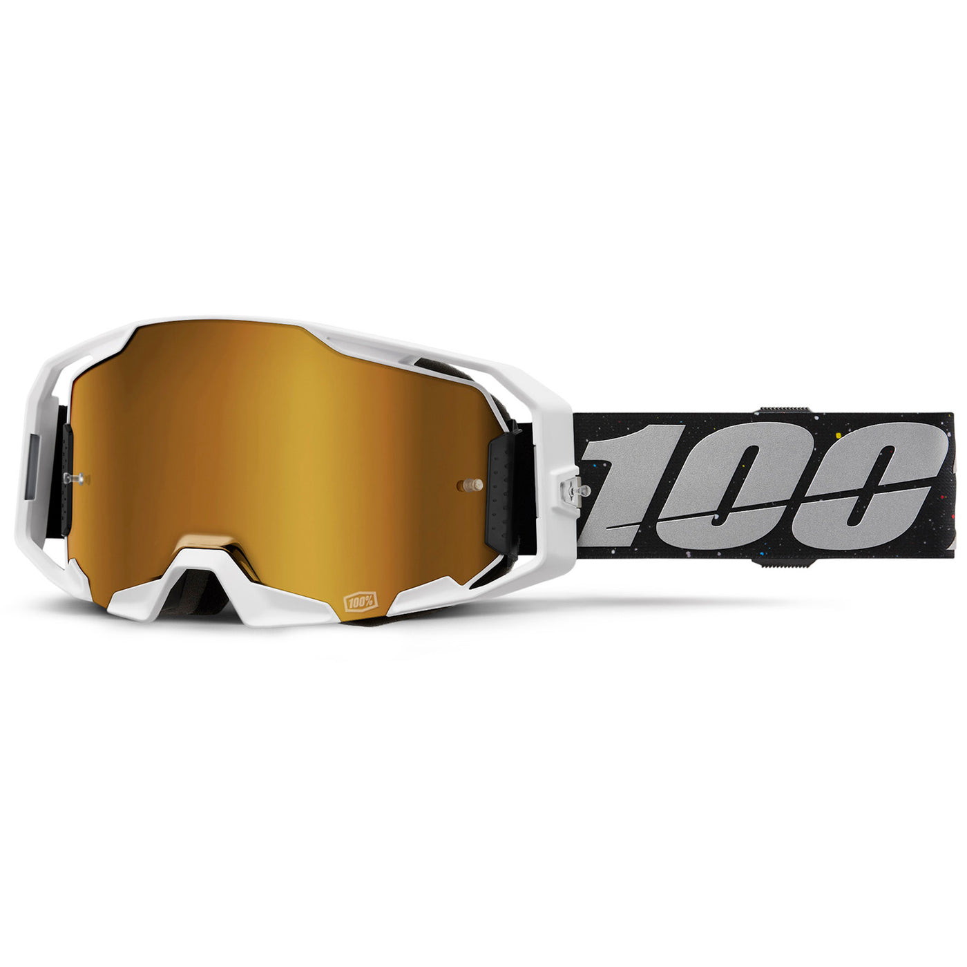 100% ARmatic Goggles - Mirrored Lens Rapidracer/Mirror True Gold - Front View with Side Strap