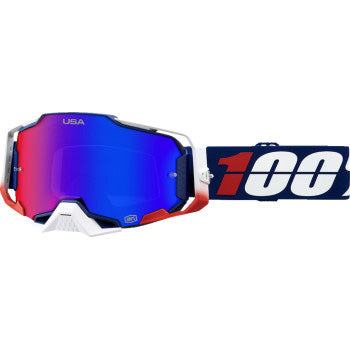 100% Armega Goggles - HiPER Lens MX of Nations/HiPER Red/Blue Mirror - Front View with Side Strap