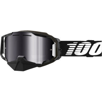 100% Armega Snow Goggles - Mirror Lens Black/Silver Mirror - Front View with Side Strap