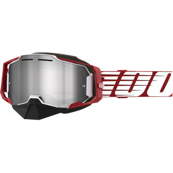 100% Armega Snow Goggles - Mirror Lens Oversized Red/Silver Mirror - Front View with Side Strap