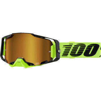 100% Armega Goggles - Mirror Lens Neon Yellow/Gold Mirror - Front View with Side Strap