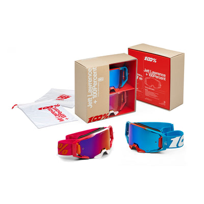 100% Jett Lawrence ARmatic Limited Edition Kit Goggle Pack - Display View of Box Case, both Goggles, and Two Storage Bags