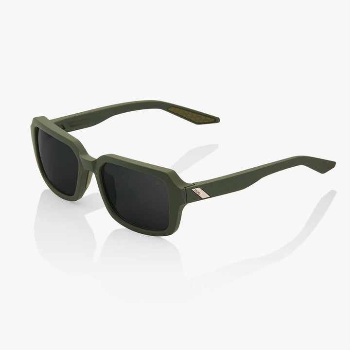 100% Rideley Sunglasses Soft Tact Army Green/Black Mirror - Front Side View