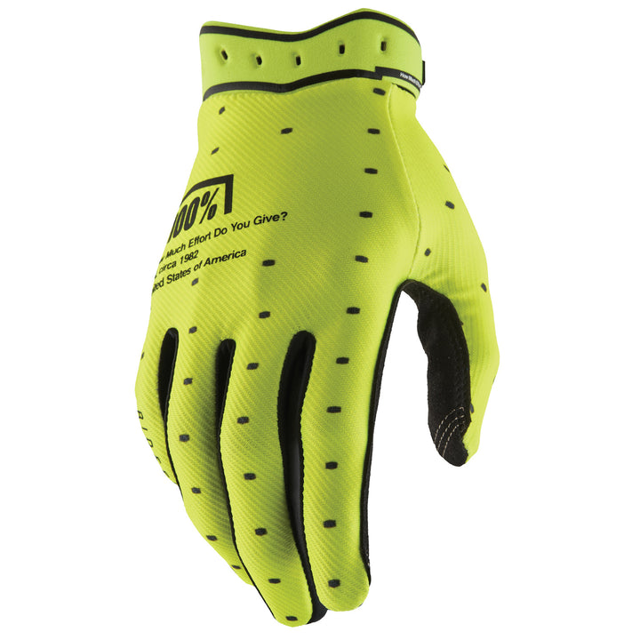 100% Ridefit 2 Gloves Fluo Yellow - Back of Hand View