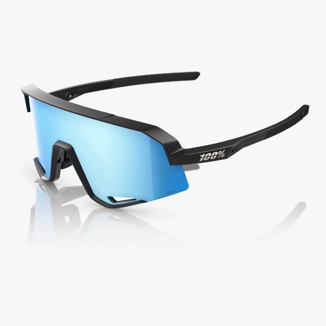 100% Slendale Sunglasses Matte Black/HiPER Blue Multilayer Mirror - Front Side View