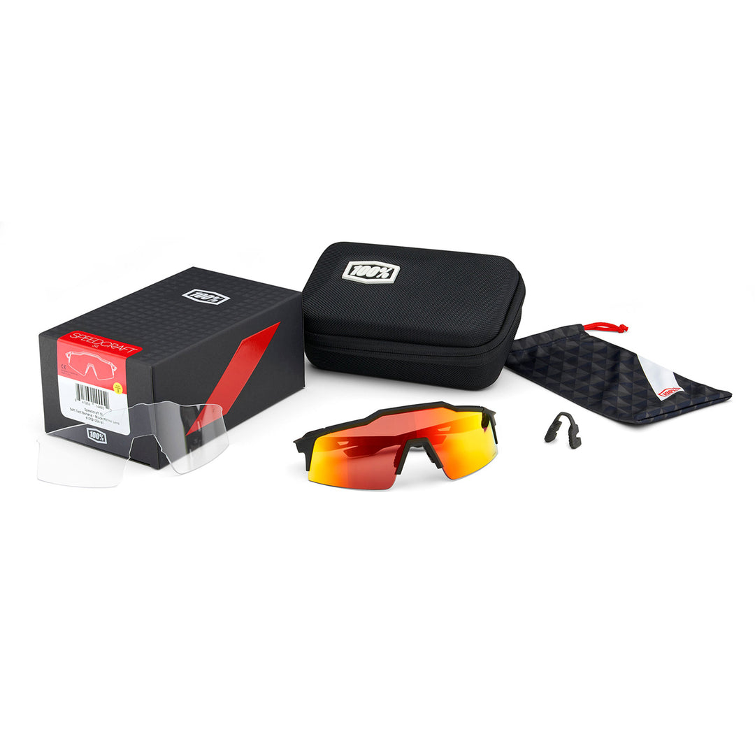 100% Speedcraft SL Sunglasses Soft Tact Black/HiPER Red Multilayer Mirror - Display View of Box Package, Carrier Case, Bag, Sunglasses, and Extra Nose Guard and Clear Lens