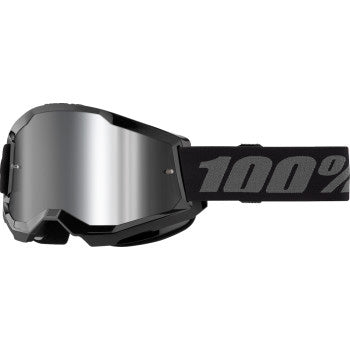 100% Strata 2 Goggles - Mirror Lens Black/Silver Mirror - Front View with Side Strap