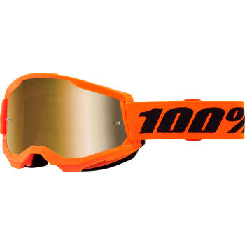 100% Strata 2 Goggles - Mirror Lens Neon Orange/True Gold Mirror - Front View with Side Strap