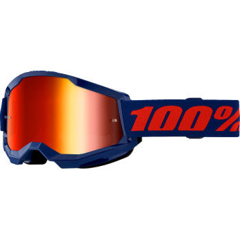 100% Strata 2 Goggles - Mirror Lens Navy/Red Mirror - Front View with Side Strap