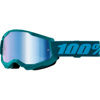 100% Strata 2 Goggles - Mirror Lens Stone/Blue Mirror - Front View with Side Strap