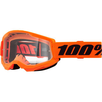 100% Strata 2 Goggles - Clear Lens Neon Orange - Front View with Side Strap