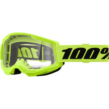 100% Strata 2 Goggles - Clear Lens Neon Yellow - Front View with Side Strap