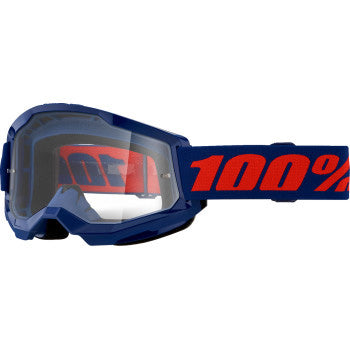 100% Strata 2 Goggles - Clear Lens Navy - Front View with Side Strap