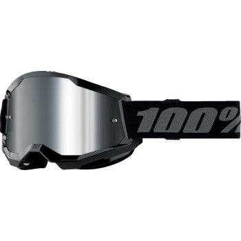 100% Strata 2 Junior Goggles - Mirror Lens Black/Silver Mirror - Front View with Side Strap
