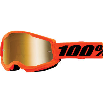 100% Strata 2 Junior Goggles - Mirror Lens Neon Orange/Gold Mirror - Front View with Side Strap