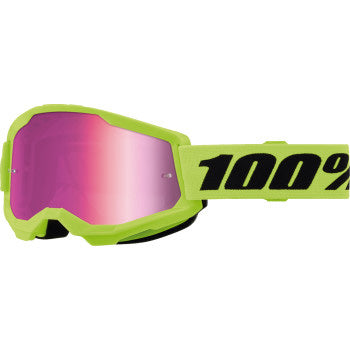 100% Strata 2 Junior Goggles - Mirror Lens Neon Yellow/Pink Mirror - Front View with Side Strap