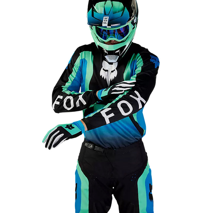 Fox Racing 180 Ballast Jersey Black/Blue - Front View of Model Showing Off Sleeve Graphics