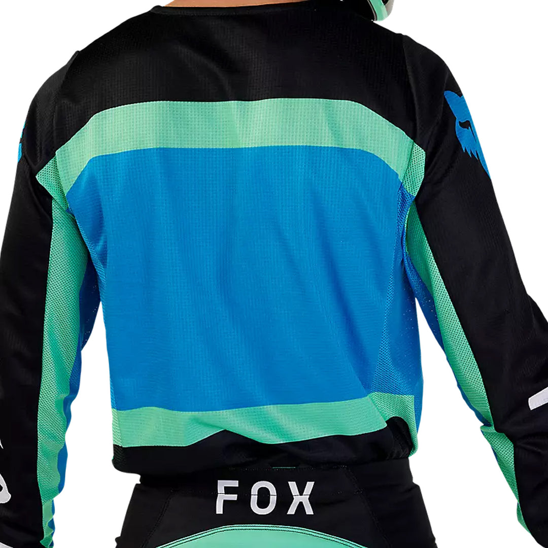 Fox Racing 180 Ballast Jersey Black/Blue - Close-Up Rear View of Model Posing in Jersey