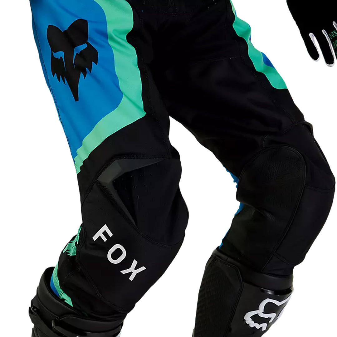 Fox Racing 180 Ballast Pants Black/Blue - Close-Up of Thigh and Knee Graphic and Details