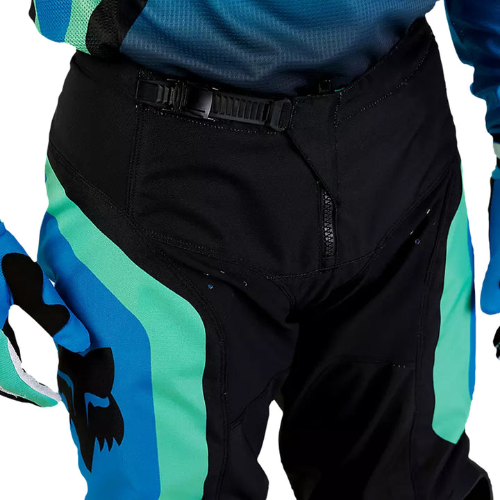 Fox Racing 180 Ballast Pants Black/Blue - Close-Up of Front Zipper Detail
