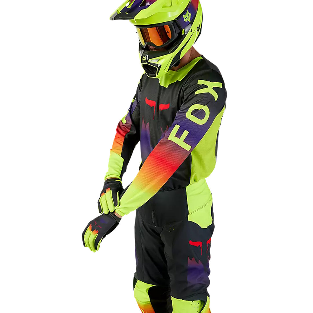 Fox Racing 180 Flora Jersey Dark Shadow Grey - Front Side View of Model Showing Off Sleeve Graphic