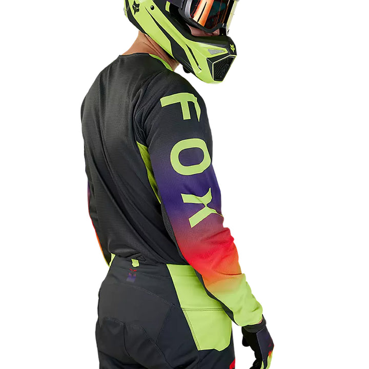 Fox Racing 180 Flora Jersey Dark Shadow Grey - Rear Side View of Model Posing in Jersey