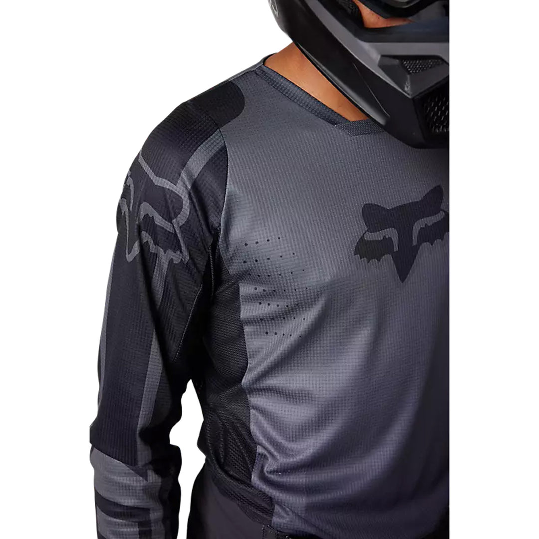 Fox Racing 180 Leed Jersey Dark Shadow Grey - Close-Up of Chest and Shoulder Details and Graphics