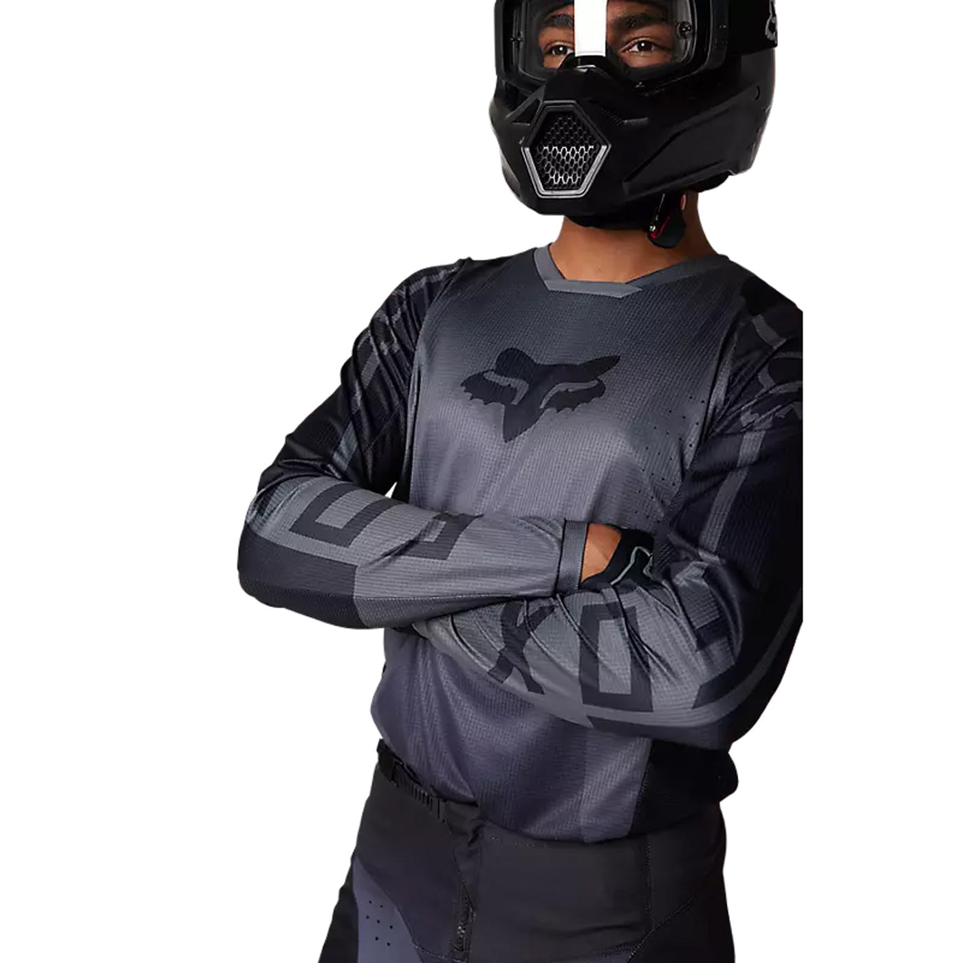 Fox Racing 180 Leed Jersey Dark Shadow Grey - Front View of Model Posing in Jersey with Arms Crossed