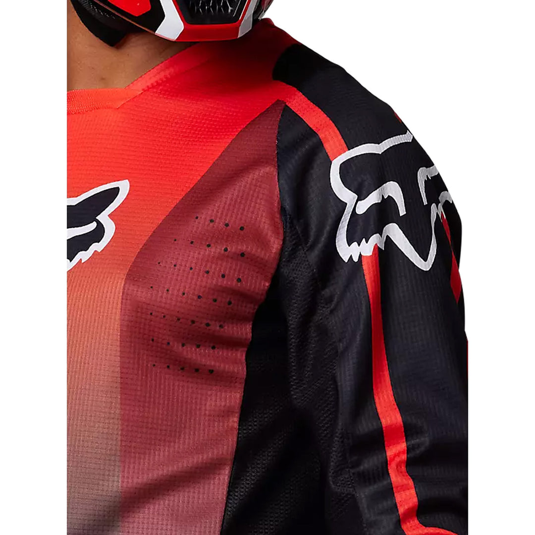 Fox Racing 180 Leed Jersey Fluorescent Red - Close-Up of Shoulder Details and Graphic