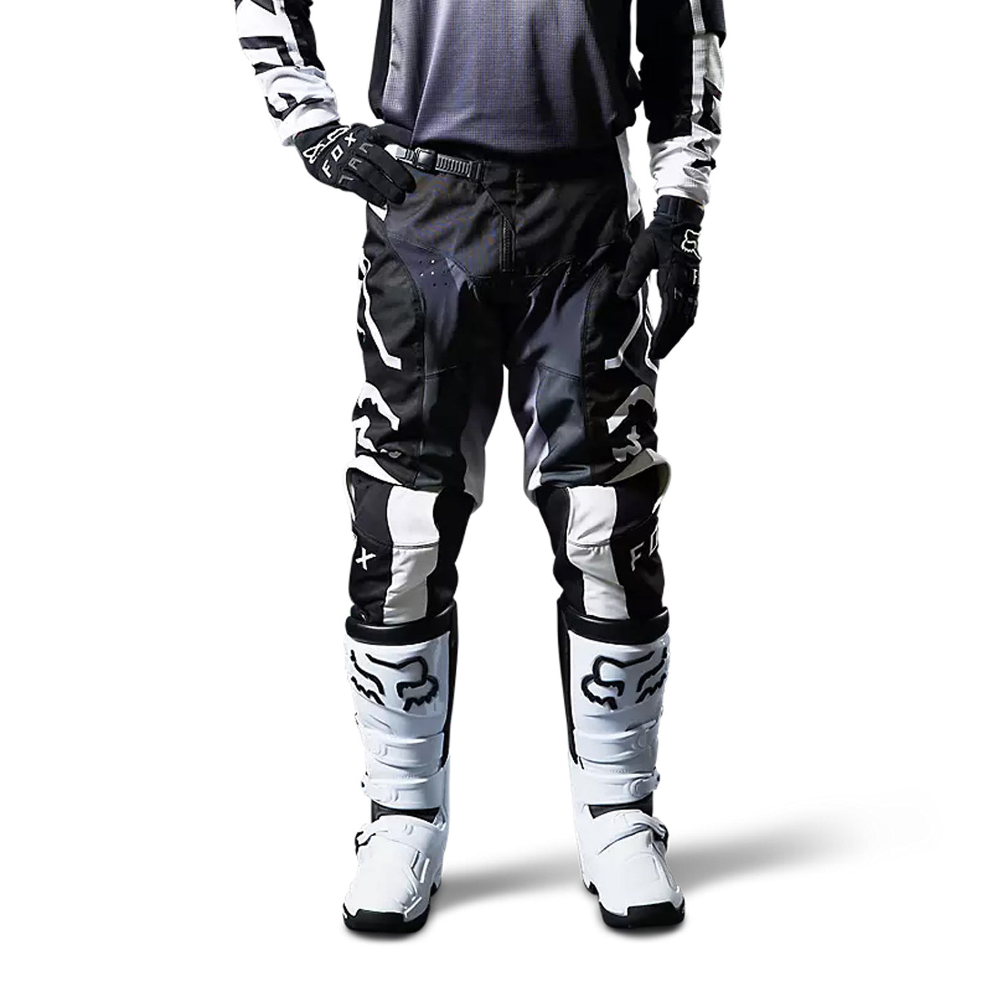 Fox Racing 180 Leed Pants Black/White - Front View of Model Posing in Pants