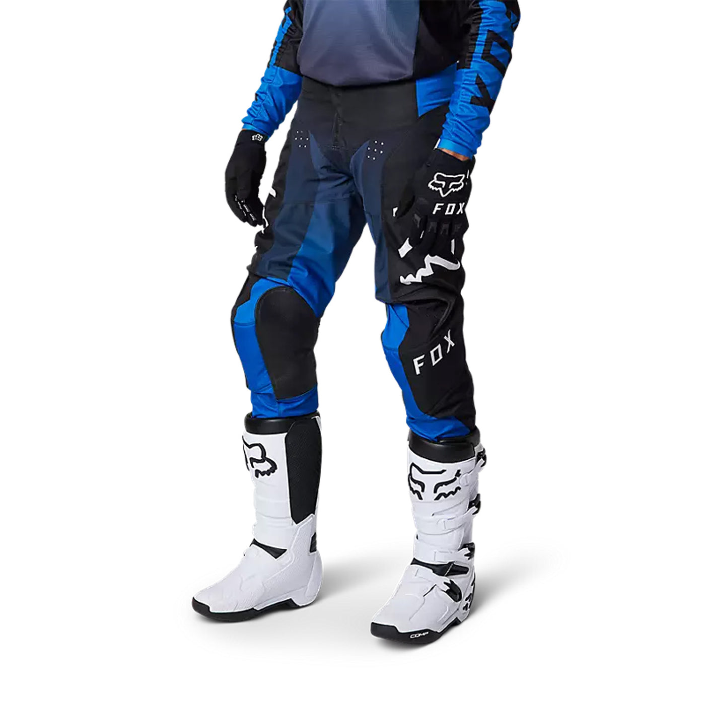 Fox Racing 180 Leed Pants Blue - Front Side View of Model Posing in Pants