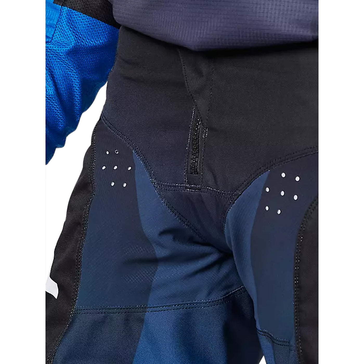 Fox Racing 180 Leed Pants Blue - Close-up of Front Zipper Area Details