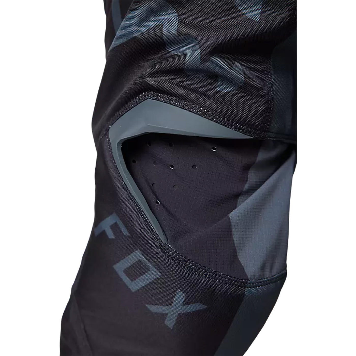 Fox Racing 180 Leed Pants Dark Shadow Grey - Close-Up of Knee Details and Graphic