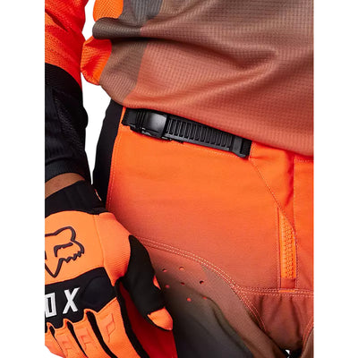 Fox Racing 180 Leed Pants Fluorescent Orange - Close-Up of Belt Adjuster and Zipper