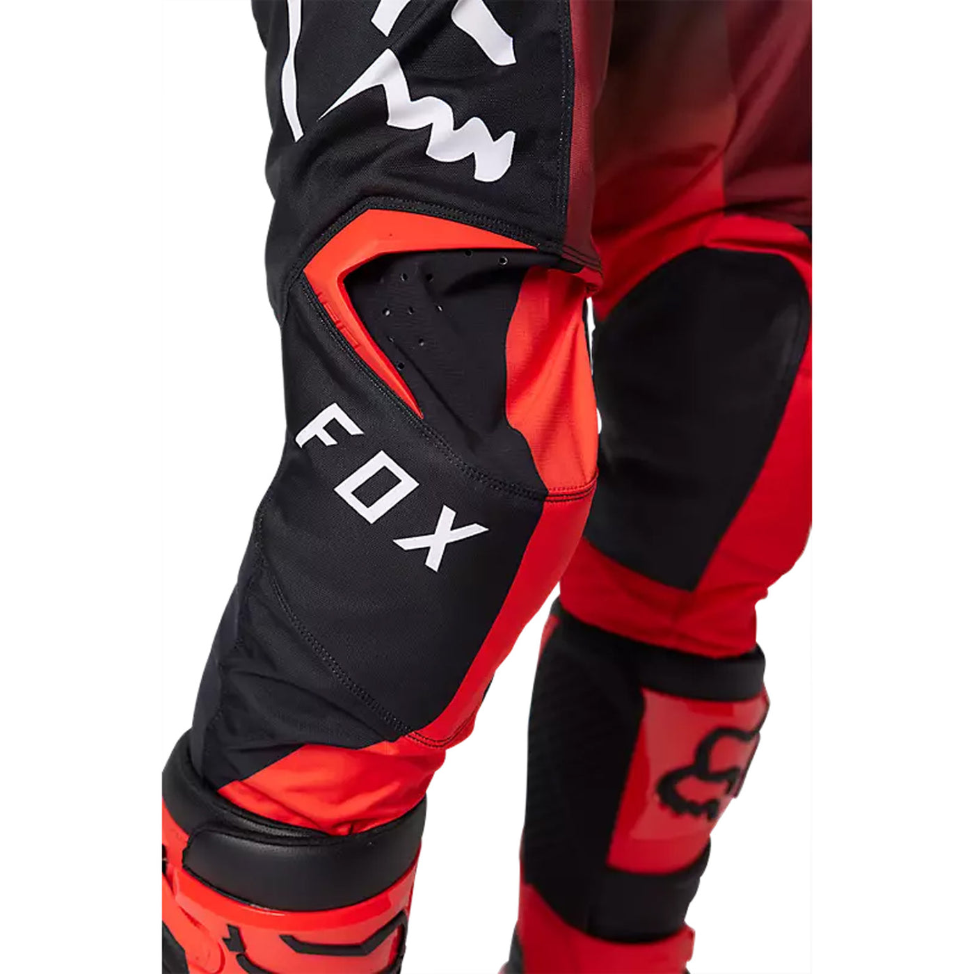 Fox Racing 180 Leed Pants Fluorescent Red - Close-Up of Knee Details and Graphic