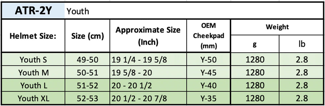 6D Youth ATR-2Y Helmet Size Chart by Head Circumference Measurements: YSM (youth small) fits 49 cm to 50 cm; YMD (youth medium) fits 50 cm to 51 cm; YLG (youth large) fits 51 cm to 52 cm; YXL (youth extra large) fits 52 cm to 53 cm