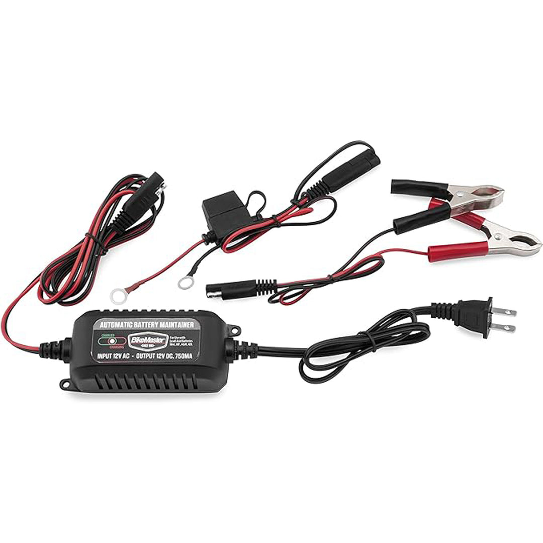 BikeMaster Battery Maintainer - 750MA - Flat View with Additional Accessories