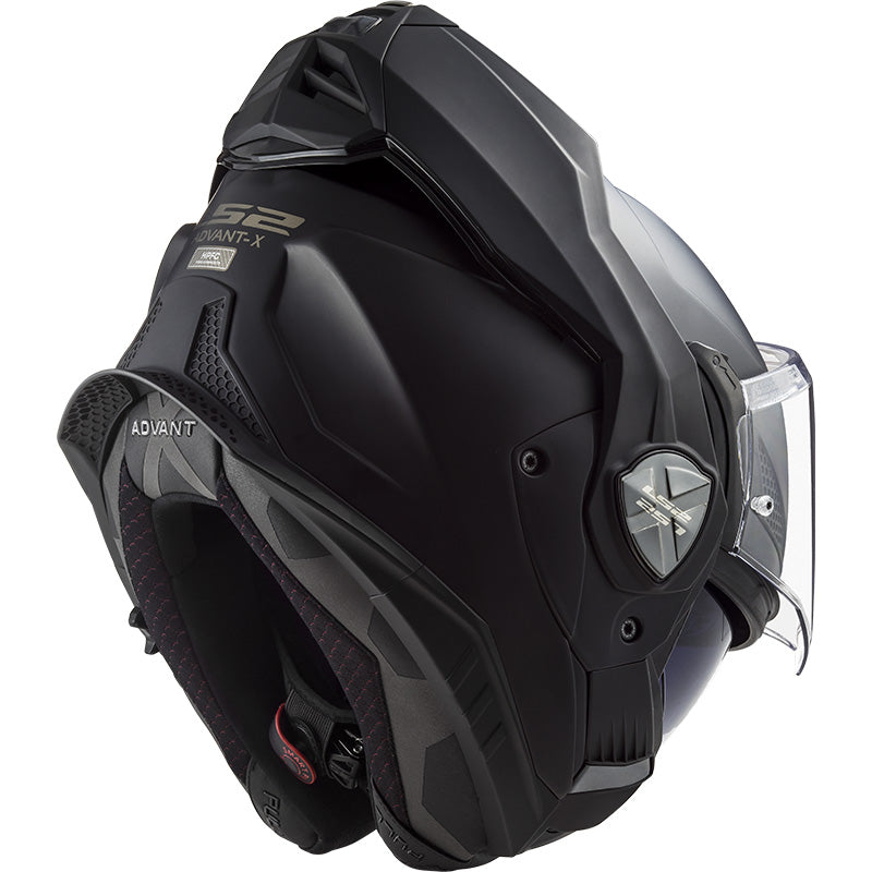 LS2 Helmets Advant-X Helmet Matte Black - Rear Side View with Chin Bar Rotated to Back of Helmet