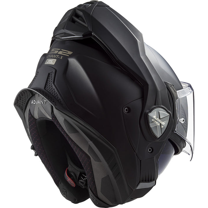 LS2 Helmets Advant-X Helmet Matte Black - Rear Side View with Chin Bar Rotated to Back of Helmet