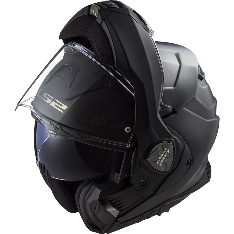 LS2 Helmets Advant-X Helmet Matte Black - Front Side View with Chin Bar Rotated to Top of Helmet