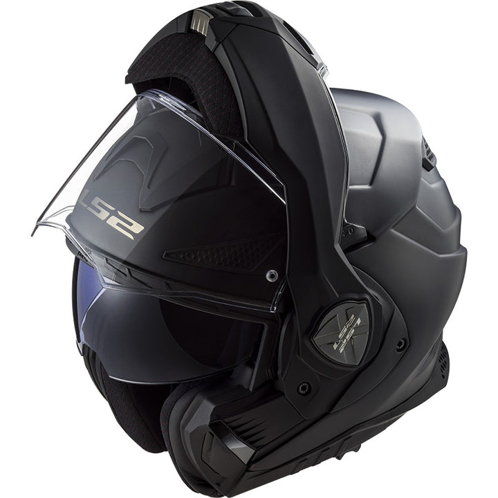 LS2 Helmets Advant-X Helmet Matte Black - Front Side View with Chin Bar Rotated to Top of Helmet