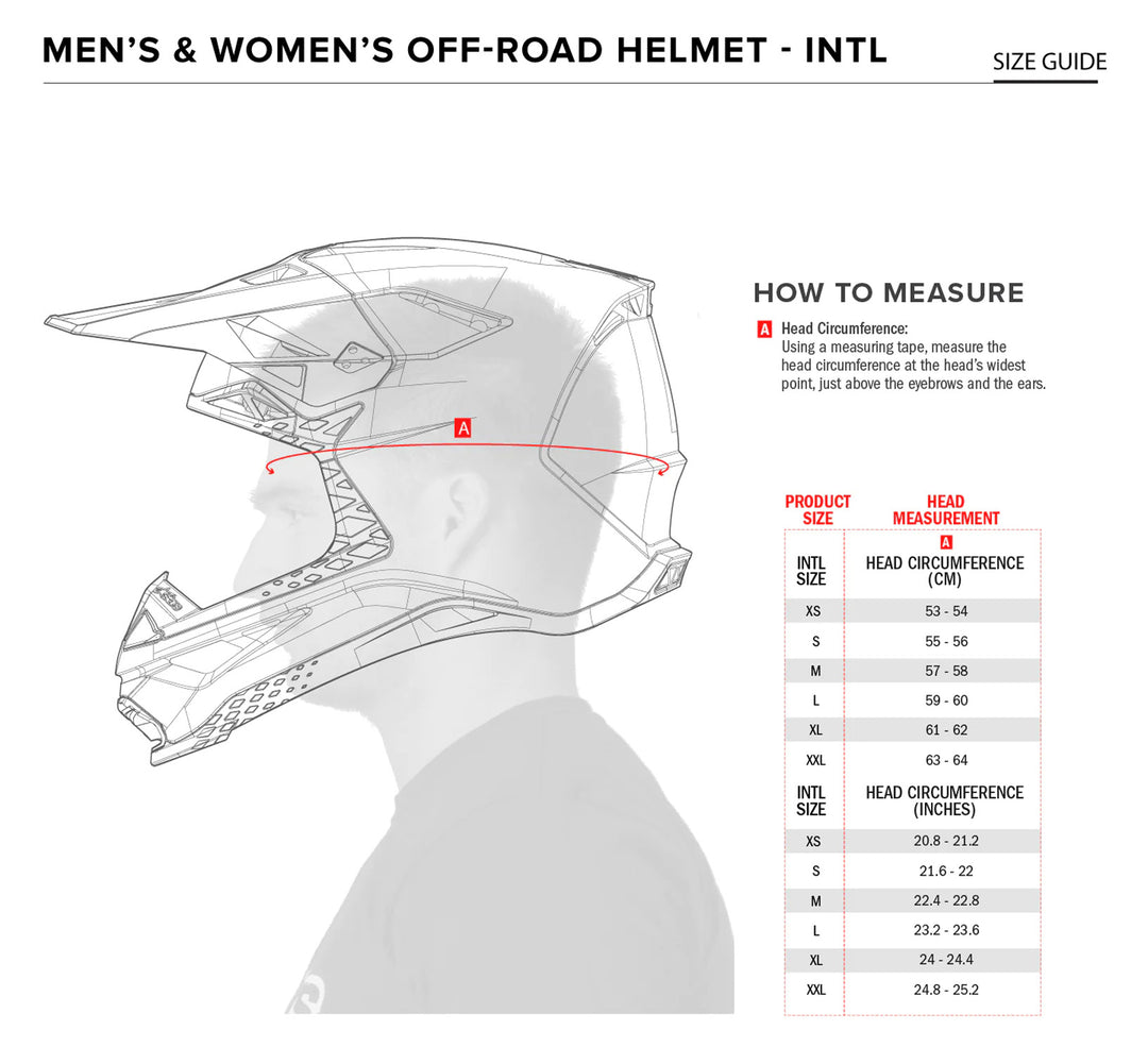 Alpinestars Off-Road Helmet Size Chart by Head Circumference Measurements: XSM (extra small) fits 53 cm to 54 cm; SML (small) fits 55 cm to 56 cm; MED (medium) fits 57 cm to 58 cm; LRG (large) fits 59 cm to 60 cm; XLG (extra large) fits 61 cm to 62 cm; 2XL (double extra large) fits 63 cm to 64 cm