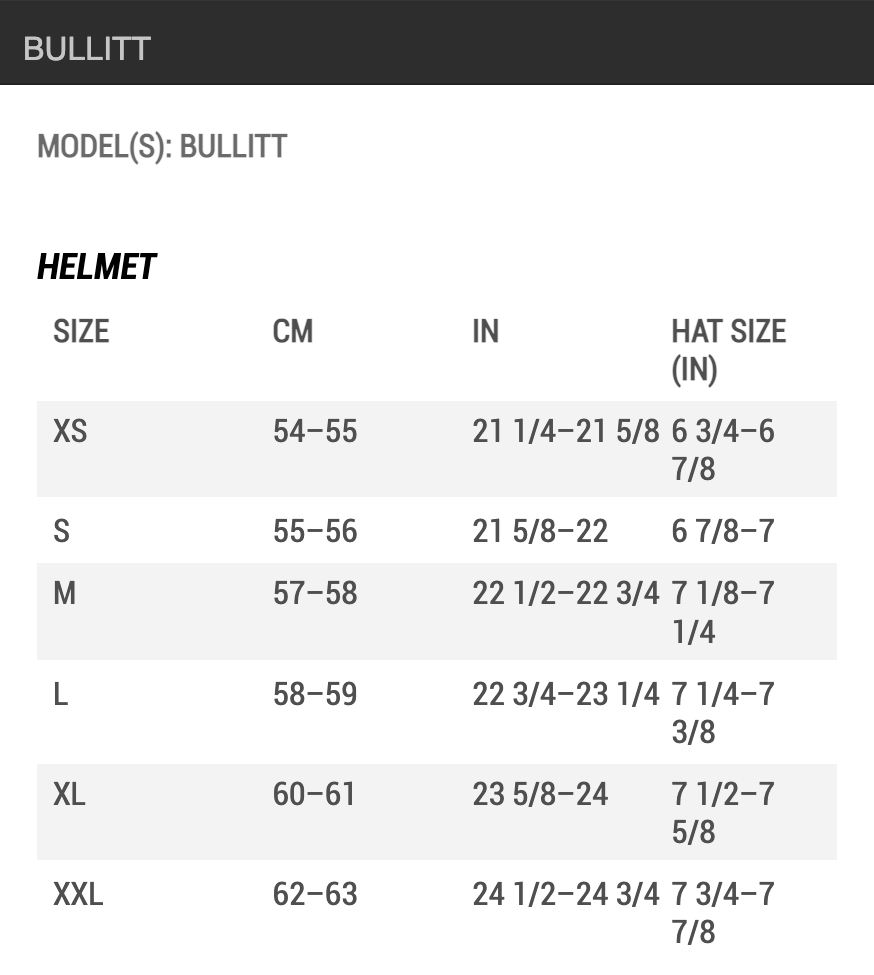 Bell Bullitt Helmet Size Chart by Head Circumference Measurements: XSM (extra small) fits 54 cm to 55 cm; SML (small) fits 55 cm to 56 cm; MED (medium) fits 57 cm to 58 cm; LRG (large) fits 58 cm to 59 cm; XLG (extra large) fits 60 cm to 61 cm; 2XL (double extra large) fits 62 cm to 63 cm