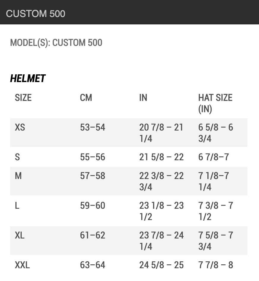 Bell Custom 500 Helmet Size Chart by Head Circumference Measurements: XSM (extra small) fits 53 cm to 54 cm; SML (small) fits 55 cm to 56 cm; MED (medium) fits 57 cm to 58 cm; LRG (large) fits 59 cm to 60 cm; XLG (extra large) fits 61 cm to 62 cm; 2XL (double extra large) fits 63 cm to 64 cm